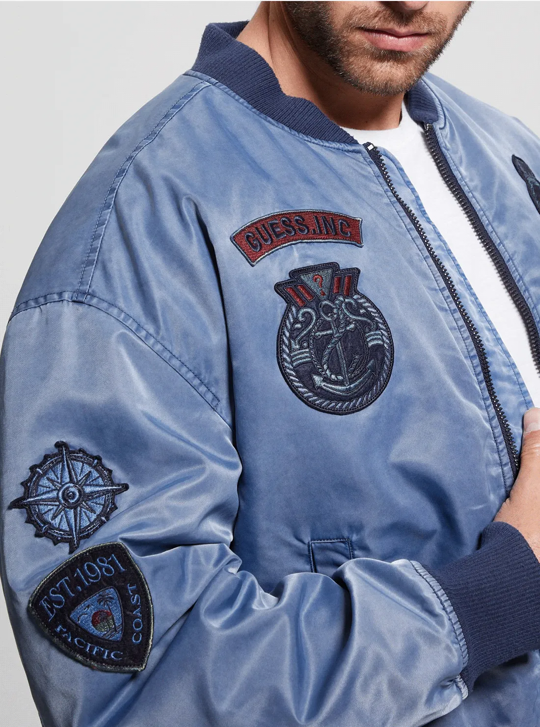Blue Ace Twill Washed Bomber Jacket Guess