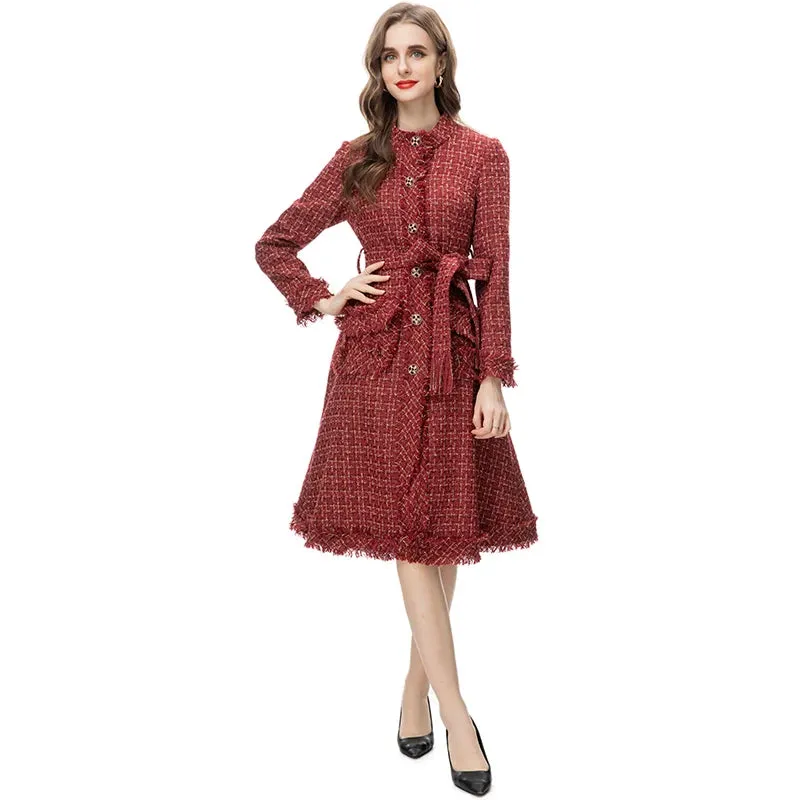 Burgundy O-Neck Plaid Tweed Long Sleeve Overcoat Anna Kay Co