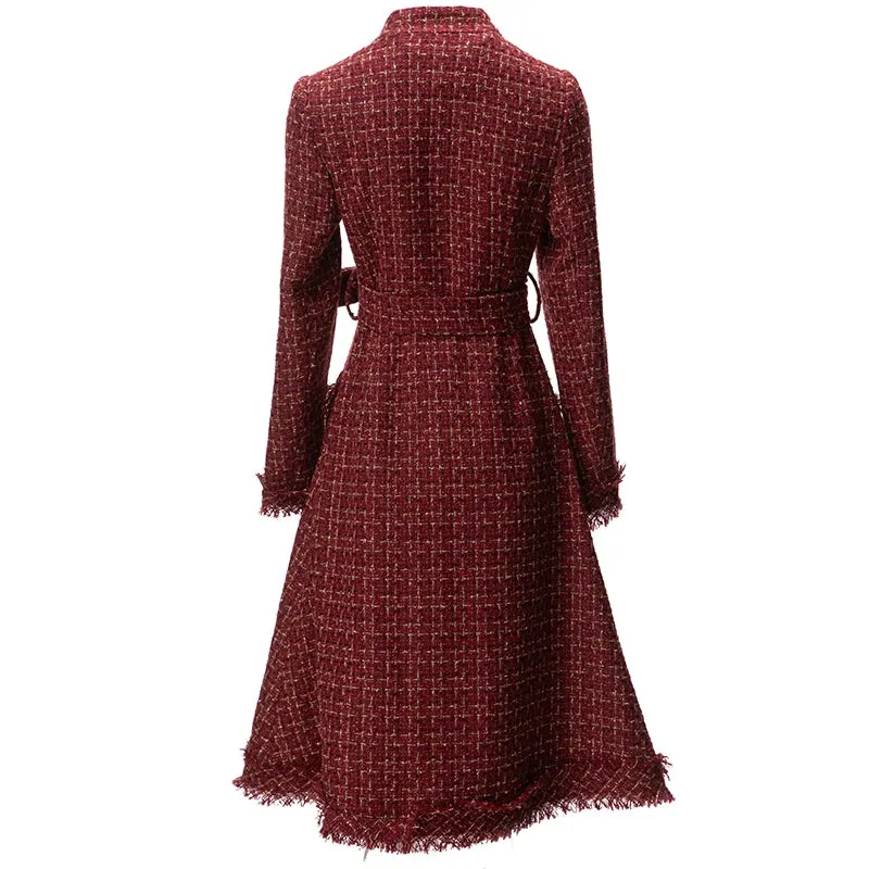 Burgundy O-Neck Plaid Tweed Long Sleeve Overcoat Anna Kay Co
