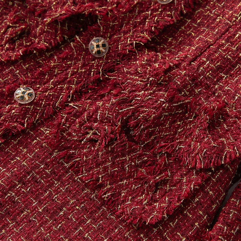 Burgundy O-Neck Plaid Tweed Long Sleeve Overcoat Anna Kay Co