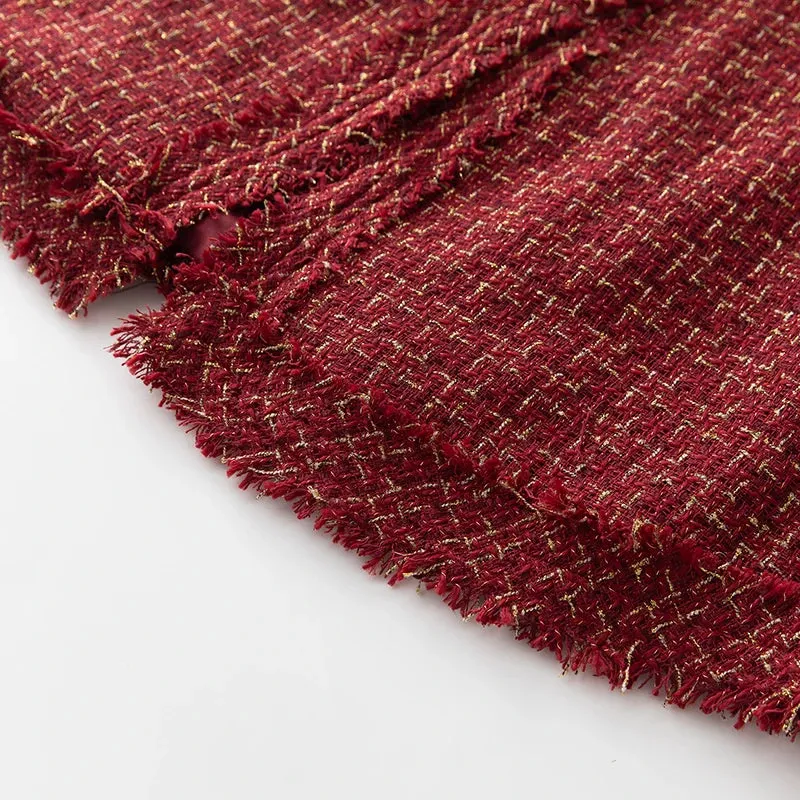 Burgundy O-Neck Plaid Tweed Long Sleeve Overcoat Anna Kay Co