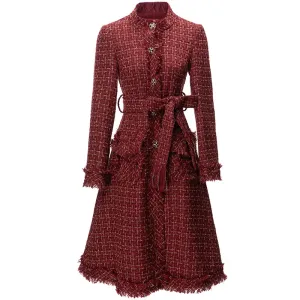 Burgundy O-Neck Plaid Tweed Long Sleeve Overcoat Anna Kay Co