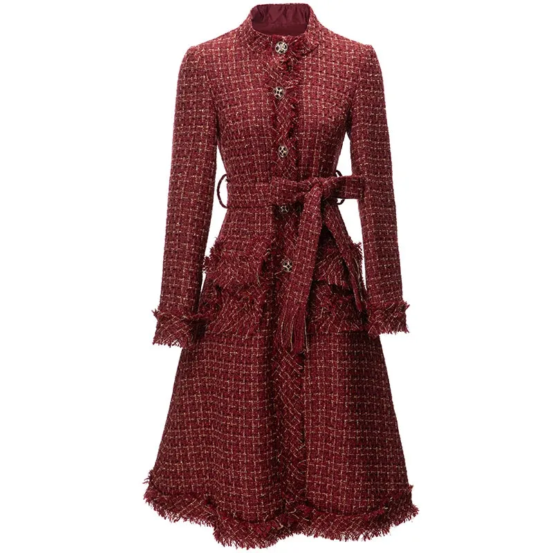 Burgundy O-Neck Plaid Tweed Long Sleeve Overcoat Anna Kay Co