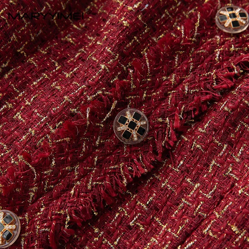 Burgundy O-Neck Plaid Tweed Long Sleeve Overcoat Anna Kay Co