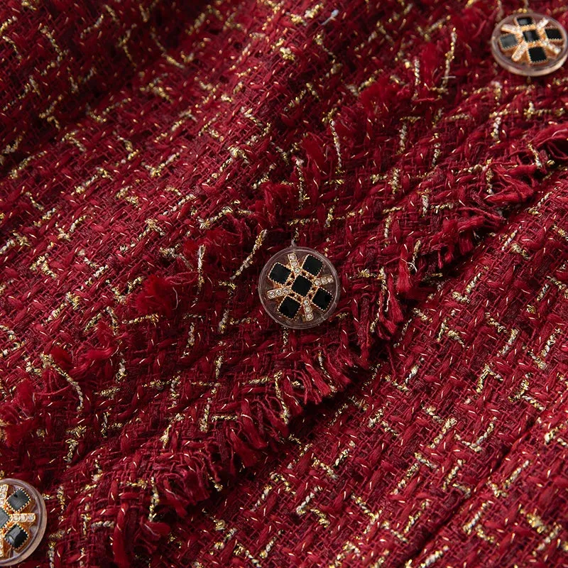 Burgundy O-Neck Plaid Tweed Long Sleeve Overcoat Anna Kay Co