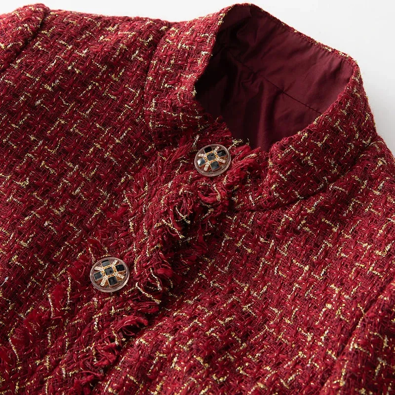 Burgundy O-Neck Plaid Tweed Long Sleeve Overcoat Anna Kay Co
