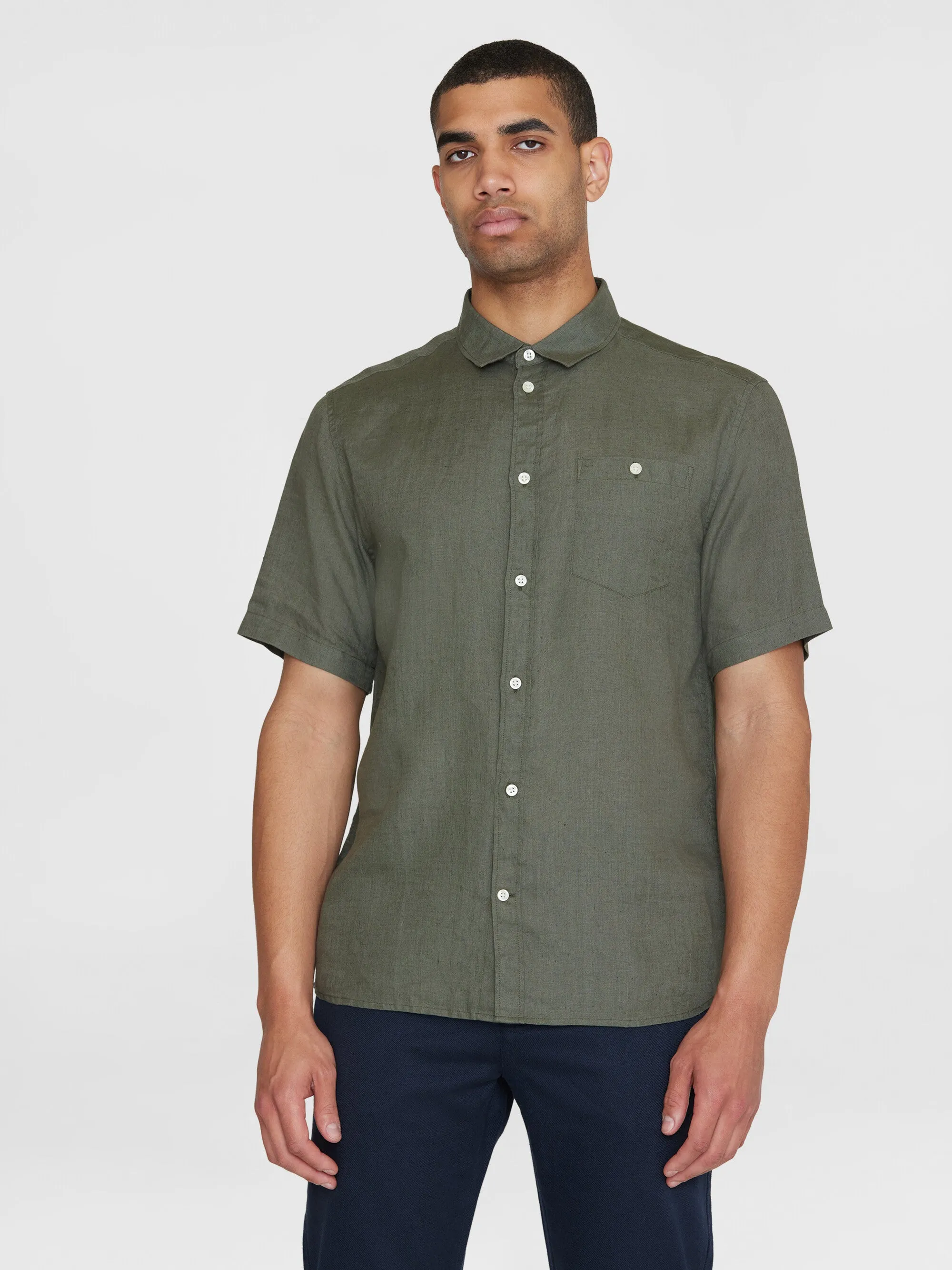 Custom fit linen short sleeve shirt - Burned Olive Knowledge Cotton