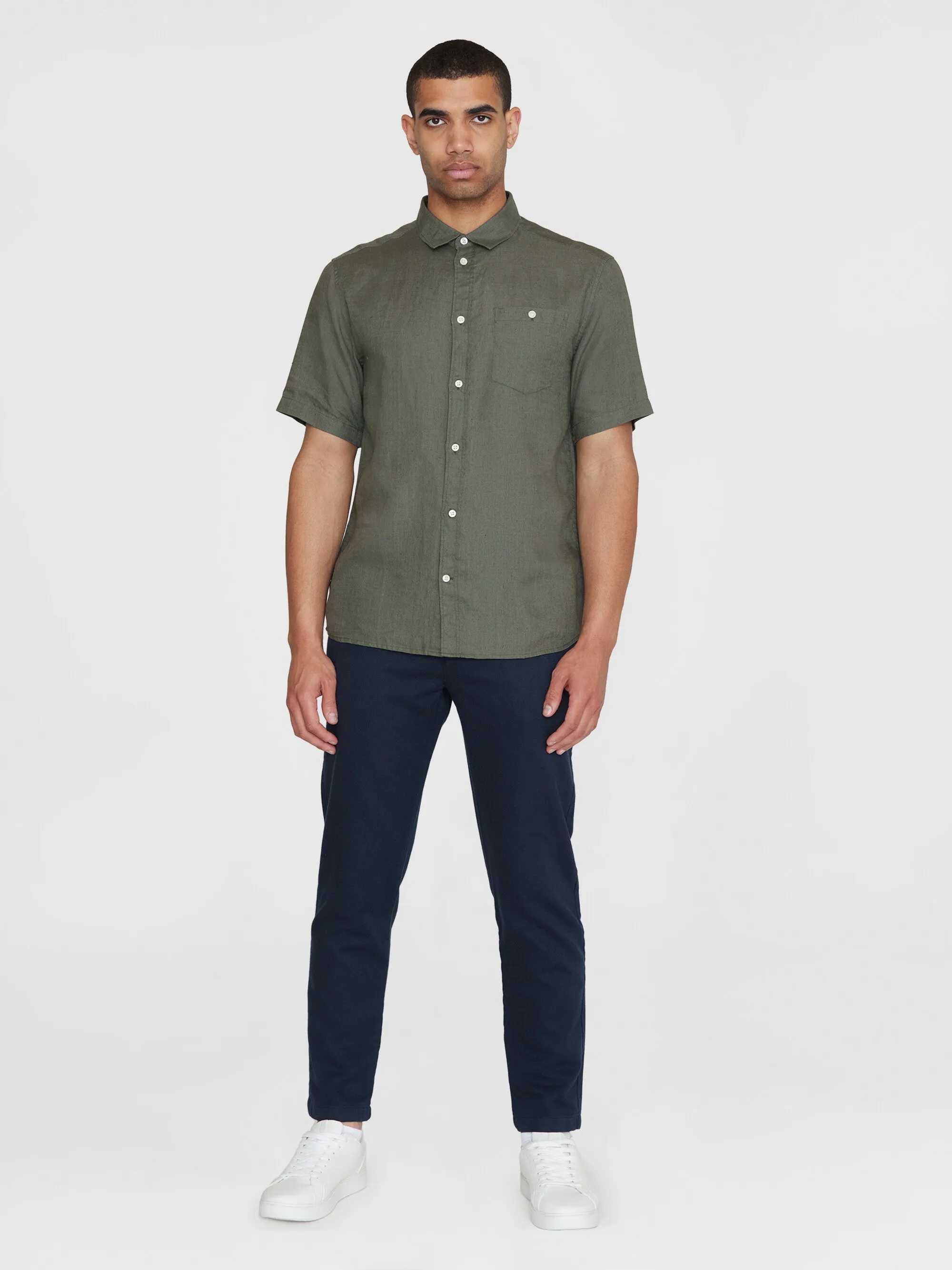 Custom fit linen short sleeve shirt - Burned Olive Knowledge Cotton