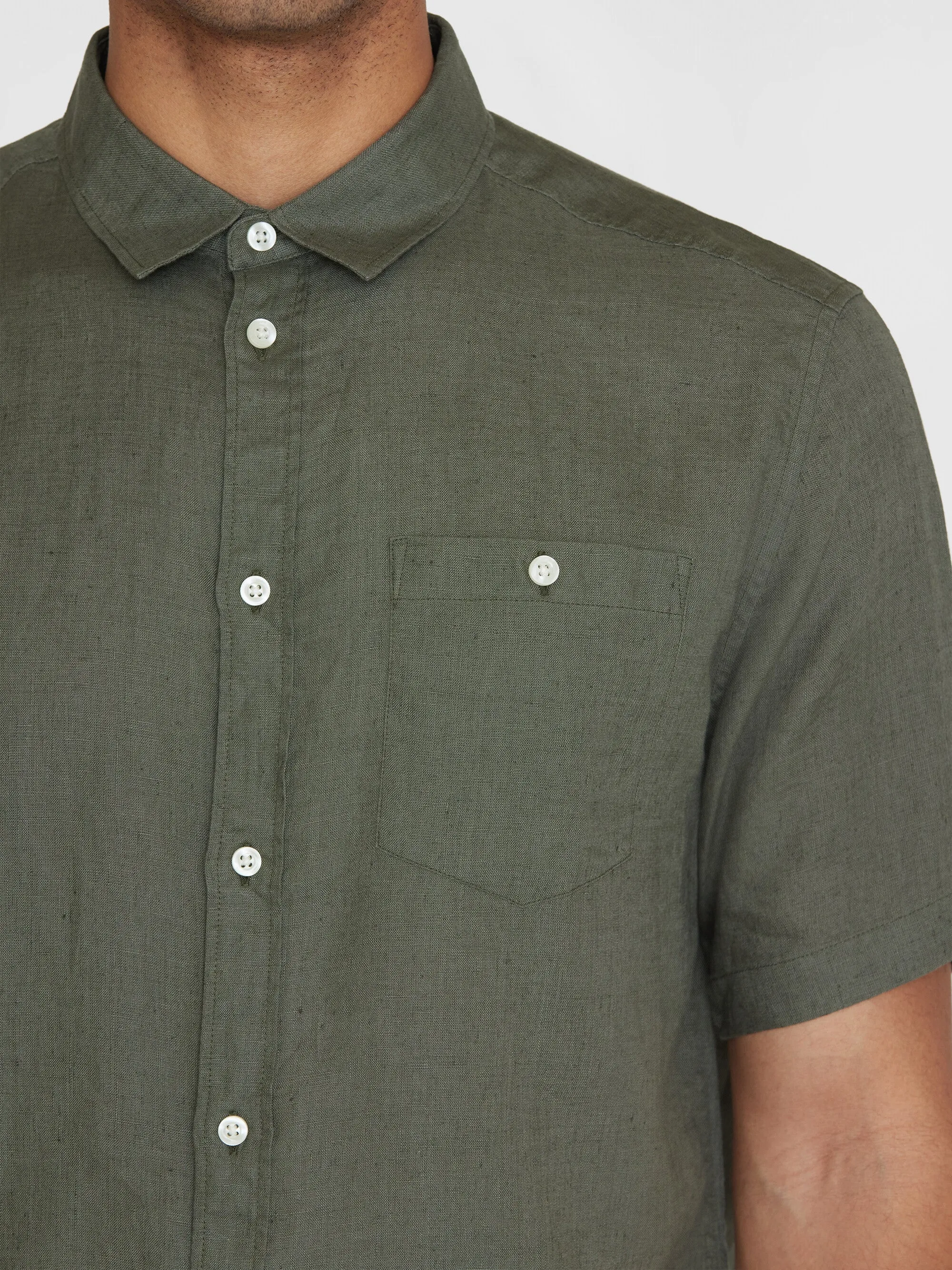 Custom fit linen short sleeve shirt - Burned Olive Knowledge Cotton