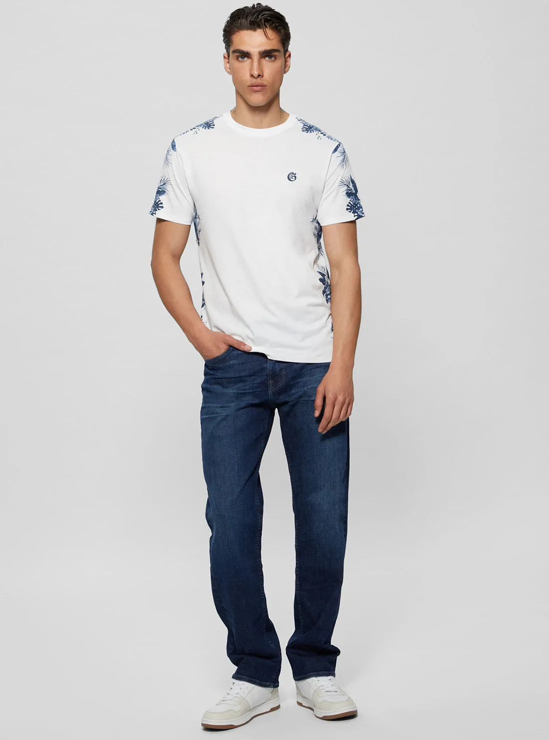 Eco White Watercolour Palms T-Shirt Guess