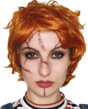 Evil Doll Short Orange and Red Wig with Scar Tattoos Set