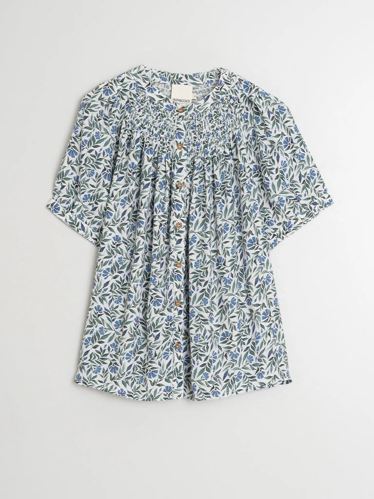 Indi & Cold Leaf Print Blouse in Indigo