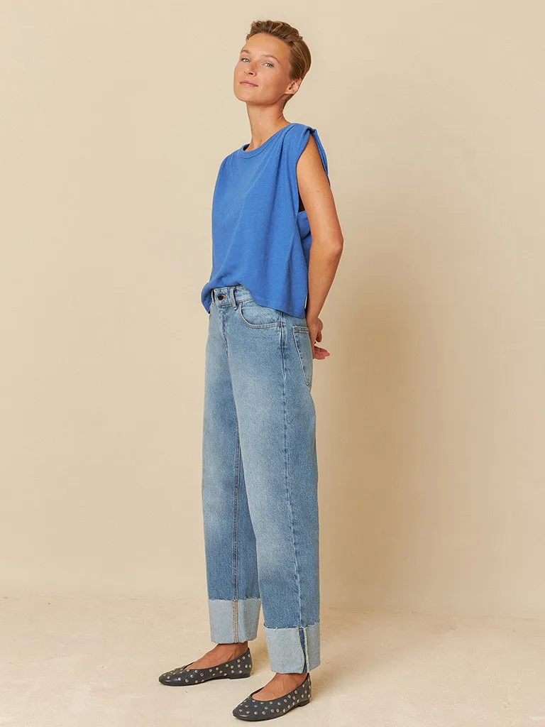 Indi & Cold Linen Pleat T-Shirt in Azul